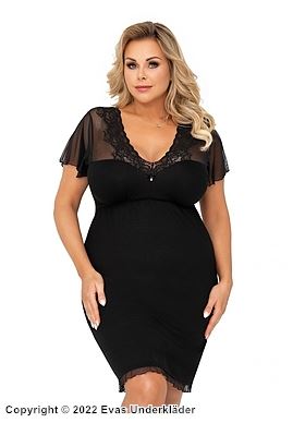 Elegantes Nachthemd, hochwertige Viskose, transparente Einlagen, Blumenspitze, Rüschenbesatz, Plus Size